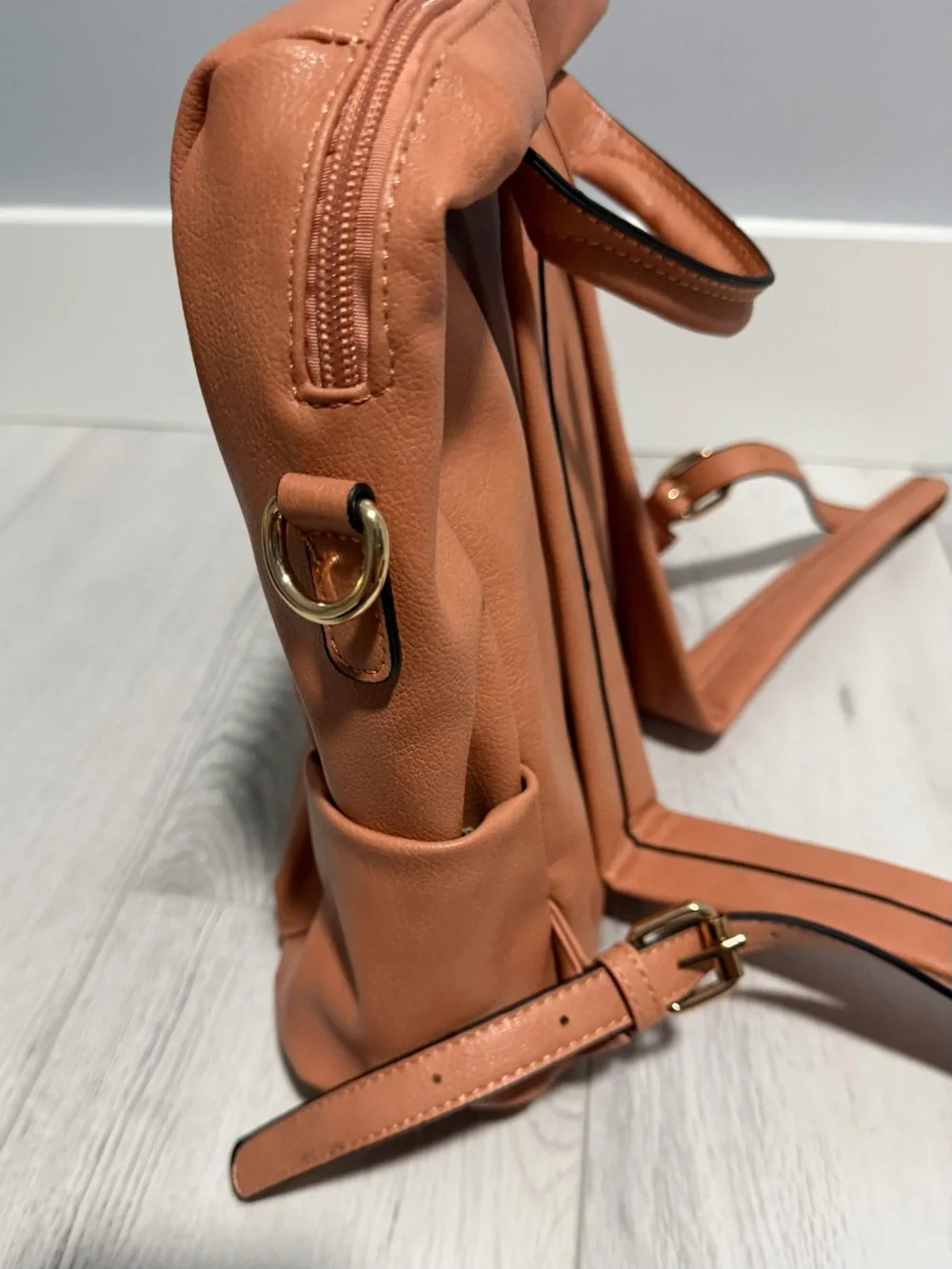 Women's Tan Faux-Leather Backpack with Front Zip Pocket